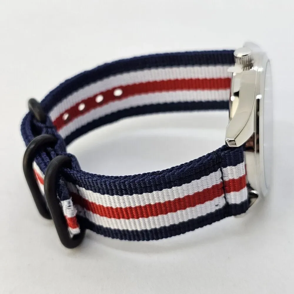 Men's Field Military Watch 42MM‎ Black Dial Blue White Red Canvas Band Straps